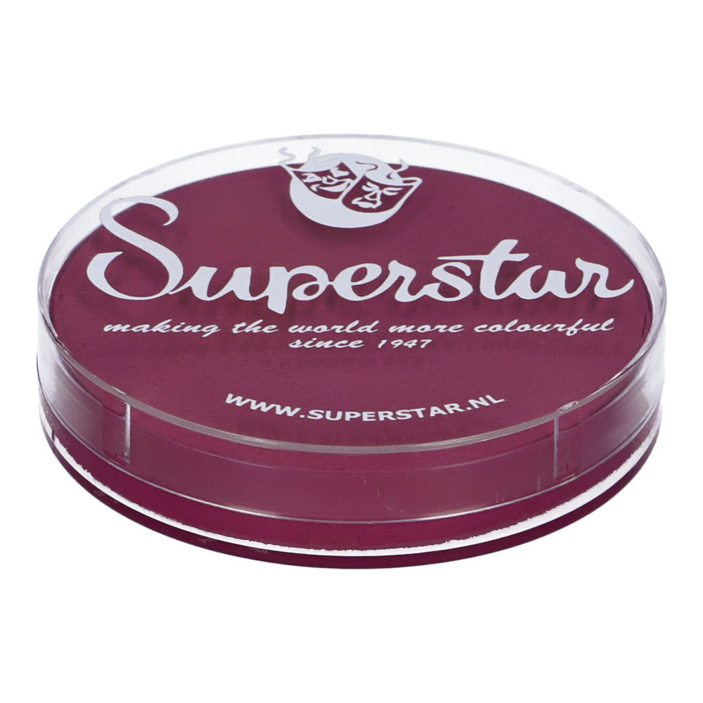 A container of Infinity Faces Face & Body Paint Aqua Superstar in Majestic Magenta. The label features white text highlighting the brand, promising to make the world more colorful since 1947. Experience child-friendly, water-based makeup at www.superstar.nl.