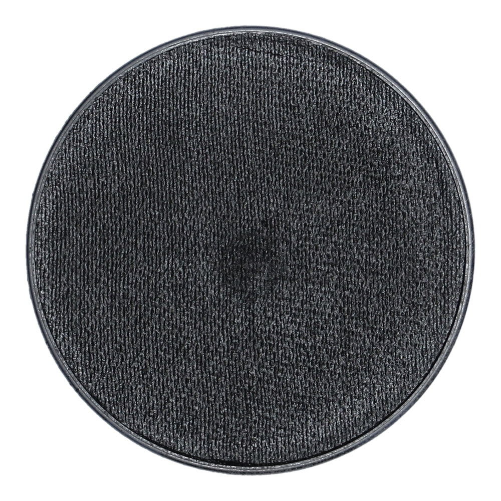 The Graphite shimmer Aqua Superstar face and body paint by Infinity Faces features a round textured black surface with a raised rim, resembling a speaker or filter. Set against a white background, it highlights its industrial design and embodies the versatile essence of water-based makeup.