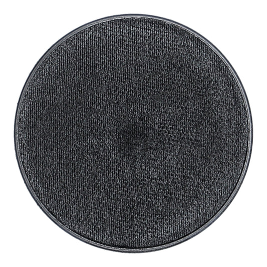 The Graphite shimmer Aqua Superstar face and body paint by Infinity Faces features a round textured black surface with a raised rim, resembling a speaker or filter. Set against a white background, it highlights its industrial design and embodies the versatile essence of water-based makeup.