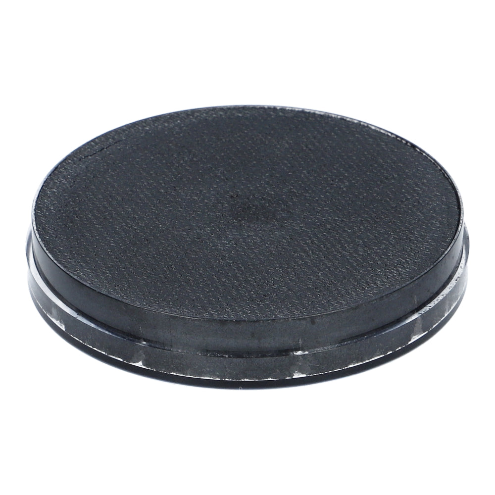 A round, flat, black object akin to cruelty-free Infinity Faces Aqua Face & Body Paint - Graphite (shimmer) 45gr showcased against a white background.