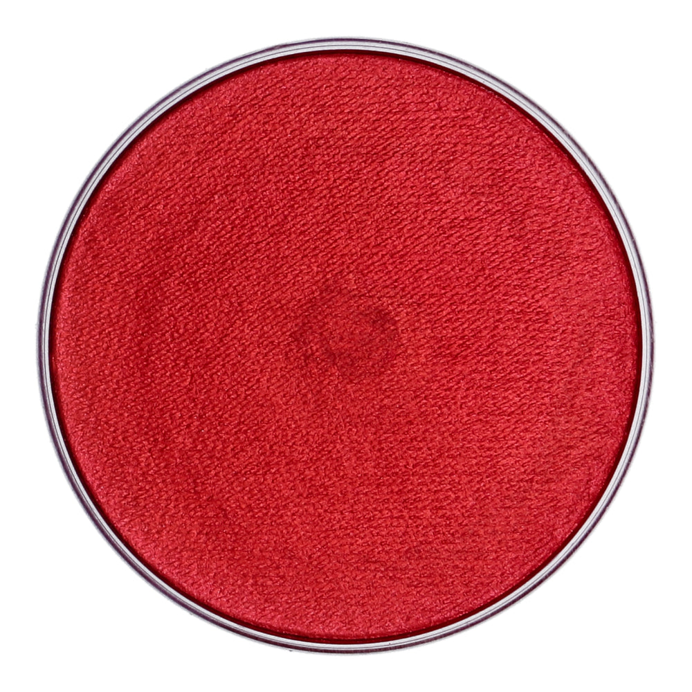 A close-up of Infinity Faces Face Paint & Body Paint Aqua Superstar - Valentine (shimmer) (16g) in a metal pan highlights its smooth, velvety texture and vibrant red color against a white background.