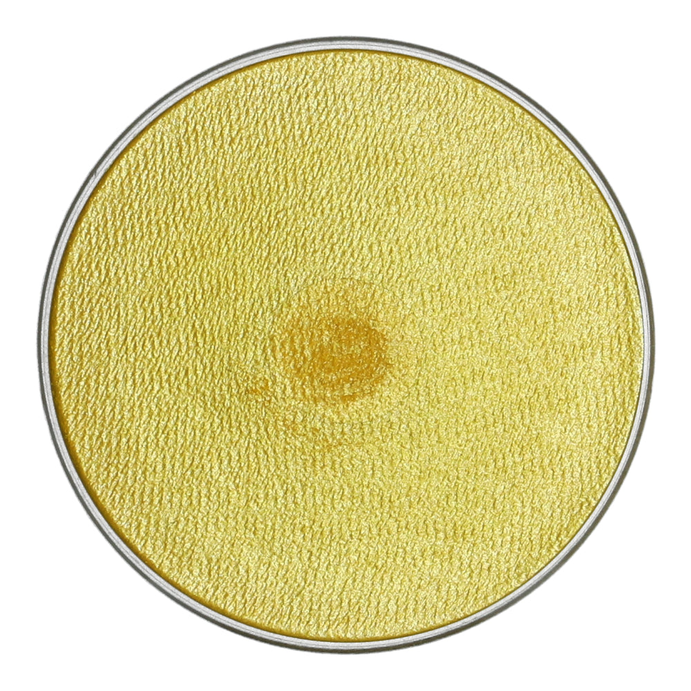 Close-up of a round, golden-yellow textured object with a metallic rim, reminiscent of Infinity Faces Aqua Superstar Face & Body Paint in Buttercup shimmer, featuring a subtle gradient and darker central area like cruelty-free water-based makeup.