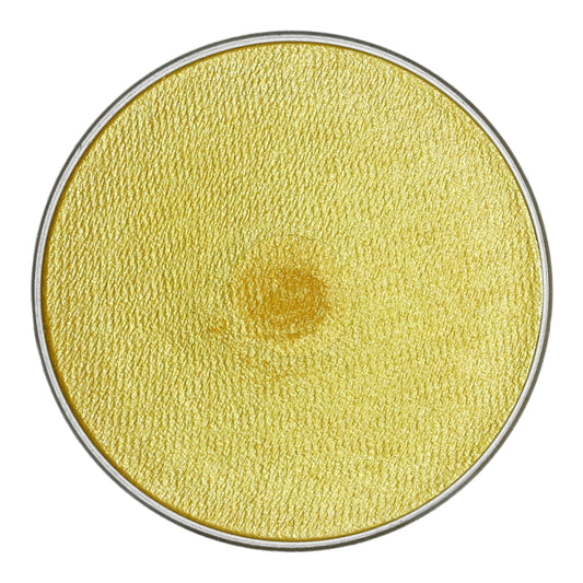 Close-up of a round, golden-yellow textured object with a metallic rim, reminiscent of Infinity Faces Aqua Superstar Face & Body Paint in Buttercup shimmer, featuring a subtle gradient and darker central area like cruelty-free water-based makeup.