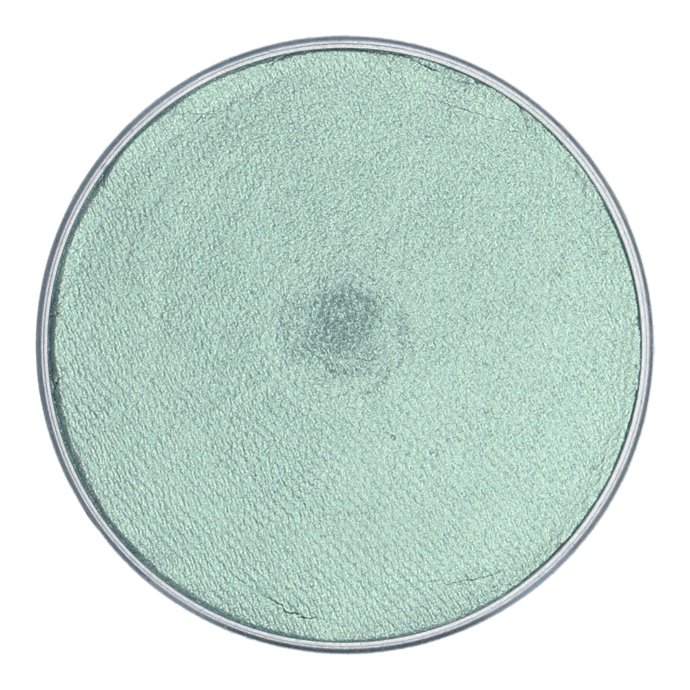 A round eyeshadow pan in mint green with a textured surface displays vibrant colors from above. Infinity Faces presents the 45g Aqua Face & Body Paint Superstar - Seashell Shimmer, a water-based makeup ideal for versatile artistry.