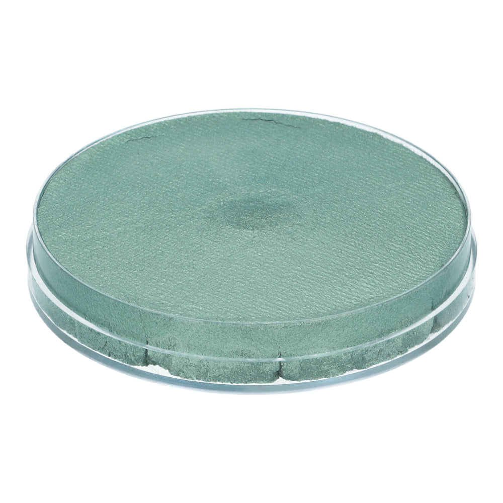 A textured green metal tin, slightly open to reveal vibrant colors, perfectly stores and displays Infinity Faces Superstar Aqua Face & Body Paint in Seashell Shimmer (45gr), ideal for water-based makeup with its shallow depth and narrow rim.