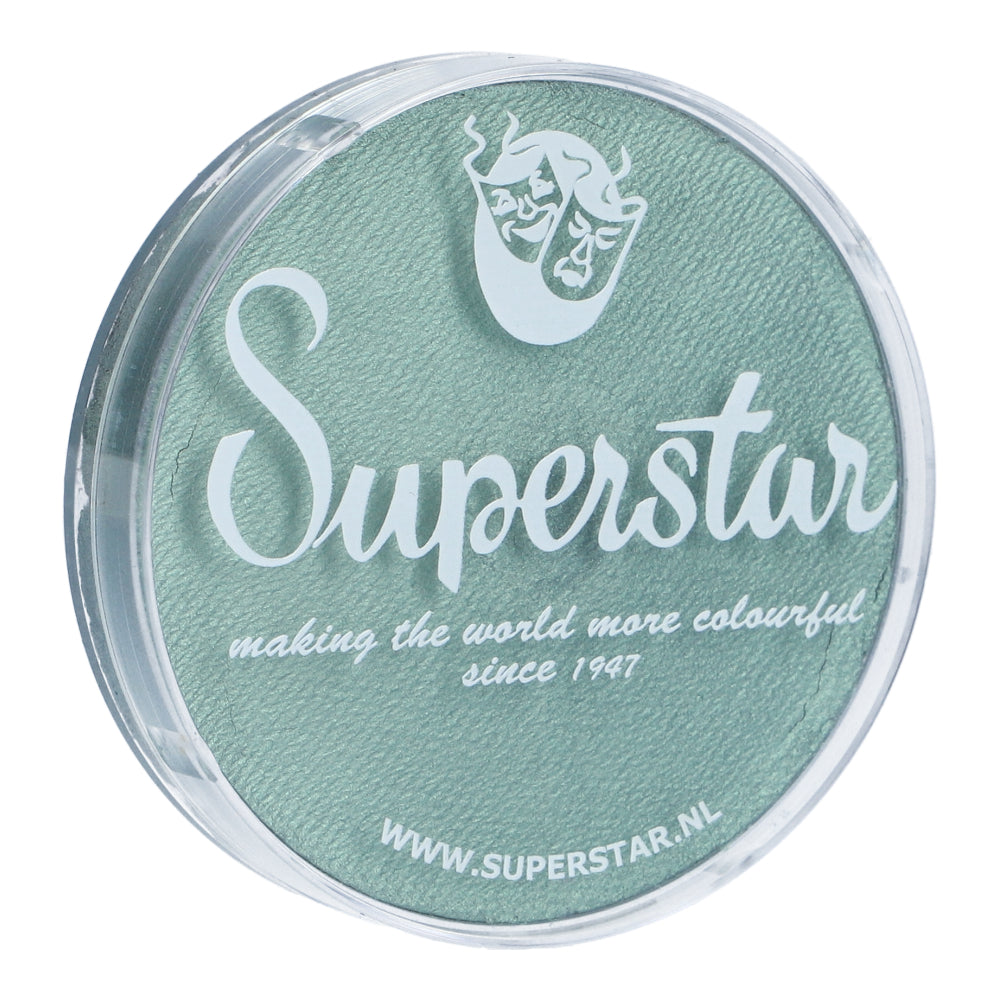 A round container of seashell shimmer Face Paint & Body Paint Aqua Superstar (45gr) by Infinity Faces features a theatrical mask logo and the text making the world more colourful since 1947. Explore vibrant colors at www.superstar.nl.