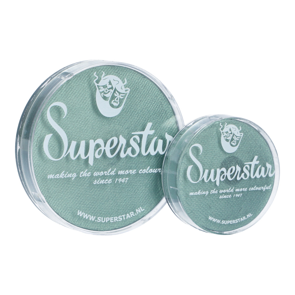 Two containers of Face Paint & Body Paint Aqua Superstar - Seashell Shimmer (45gr) from Infinity Faces. Featuring a theatrical mask logo and making the world more colorful since 1947. This vibrant, water-based makeup ensures stunning results. The brand website URL is included at the bottom.