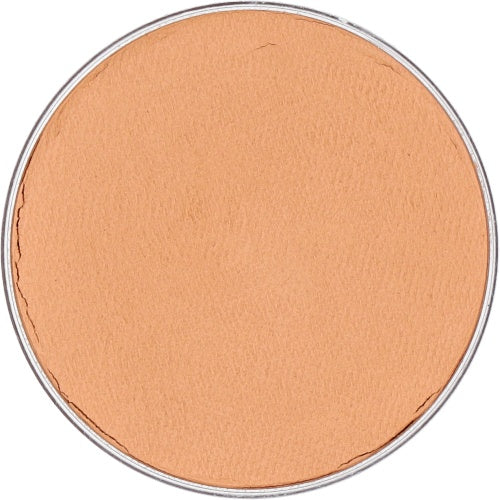A close-up of Infinity Faces' Face Paint & Body Paint Aqua Superstar - Light Sun Tan Complexion (16gr), a round, tan pressed powder with a silver rim, smooth surface, and minor edge cracks—perfect for child-friendly makeup or body paint.