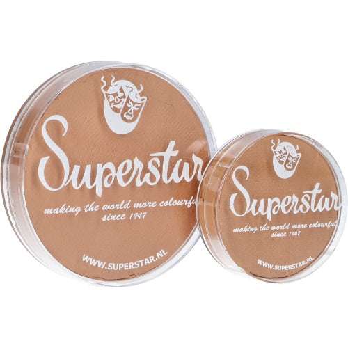 Two round Infinity Faces Superstar Aqua Light Sun Tan Complexion face paint containers (16gr), featuring white text and a mask logo on the lids, shown in different sizes side by side. Child-friendly makeup.