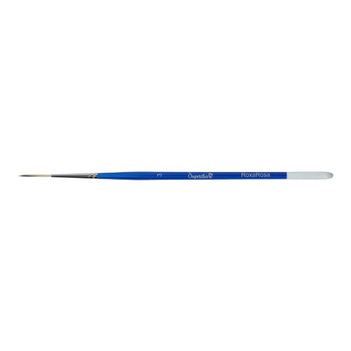 The Brushes Superstar - Synthetic Liner Brush RoxaRosa #3 by Infinity Faces is a thin, pointed paintbrush with a blue handle, fine synthetic tip, white text on the handle, and a light blue end—perfect for precise face and body painting.