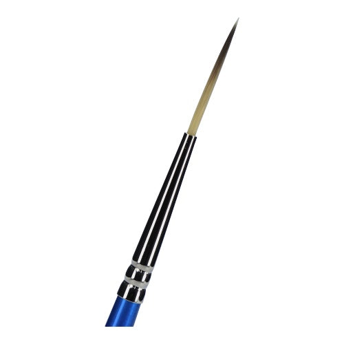 A close-up of the Brushes Superstar - Synthetic Liner Brush RoxaRosa #3 by Infinity Faces, featuring a blue handle, silver ferrule, and fine pointed bristles—an ideal high-quality brush for face and bodypainting.