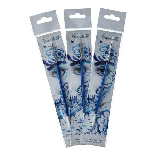Three packaged Brushes Superstar - Synthetic Liner Brush RoxaRosa #3 by Infinity Faces feature decorative blue and white designs and images of eyes on the packaging. The professional makeup brushes are displayed at the top of each package.