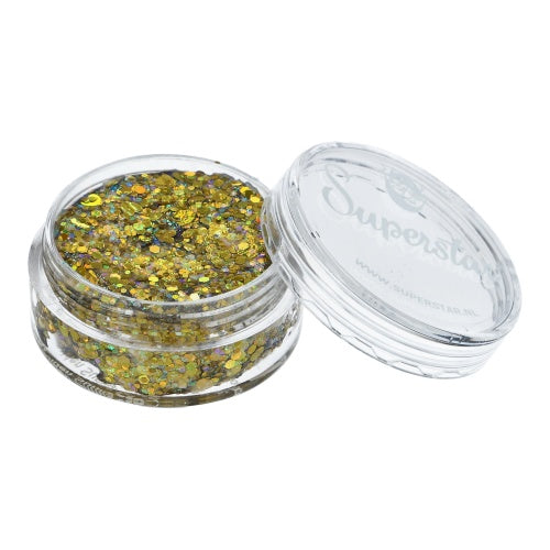 Infinity Faces Chunky Glitter Cream Superstar - Golden Sunlight (10g) comes in a small clear jar with a partially open lid and 'Superstar' in white. Ideal for adding gold and green sparkle to your face and body paint looks.