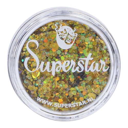 Chunky Glitter Cream Superstar - Golden Sunlight (10g) by Infinity Faces comes in a round container with a clear lid, labeled with a stylized face and www.superstar.nl—ideal for dazzling face and body paint effects.