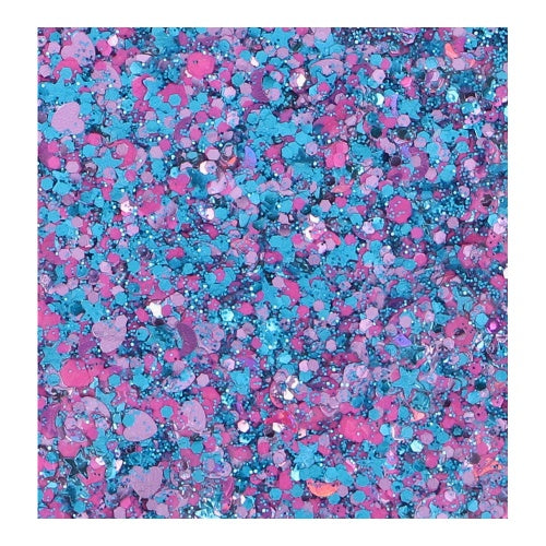 A close-up of Infinity Faces Chunky Glitter Cream Superstar - Unicorn Fizz (10g), showcasing sparkling blue, pink, and purple shades—ideal for creating colorful, textured glitter makeup looks.