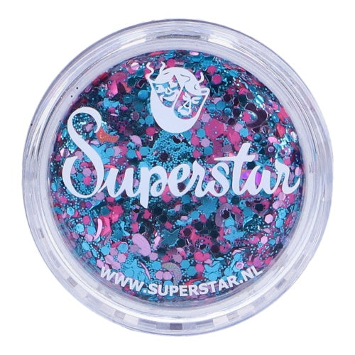 A round 10g container of Infinity Faces Chunky Glitter Cream Superstar - Festival Spark, featuring blue, pink, and silver glitter with the brand logo and website on the clear lid. Ideal for face and body art.
