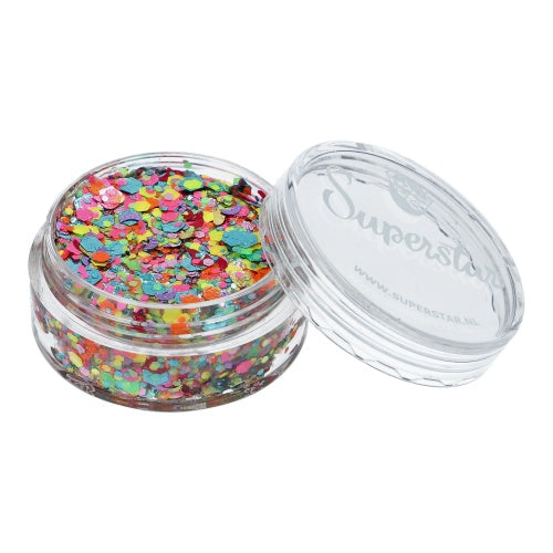Infinity Faces Chunky Glitter Cream Superstar - Colour Splash (10g) in a small clear plastic jar, with the transparent lid partly unscrewed, reveals vibrant round confetti glitter makeup inside.