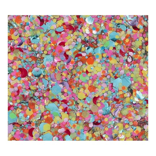 A close-up of Infinity Faces Chunky Glitter Cream Superstar - Colour Splash (10g) reveals vibrant pink, yellow, blue, orange, and green multi-sized glitter pieces for a playful, textured makeup look.