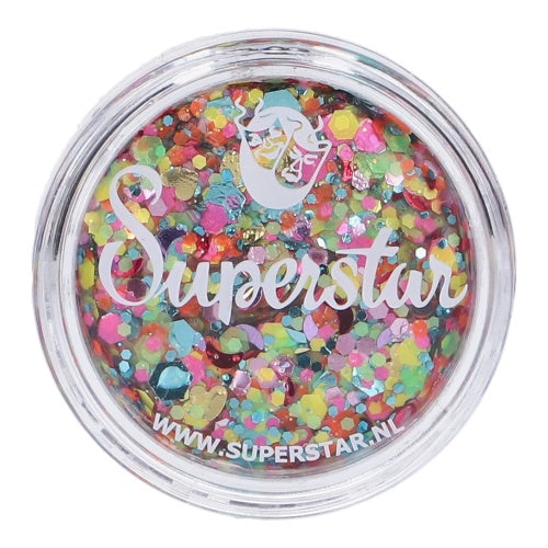 Infinity Faces Chunky Glitter Cream Superstar - Colour splash (10g) comes in a round clear container with vibrant chunky glitter in assorted shapes. The lid features "Superstar" in white script, logo above, and www.superstar.nl below.