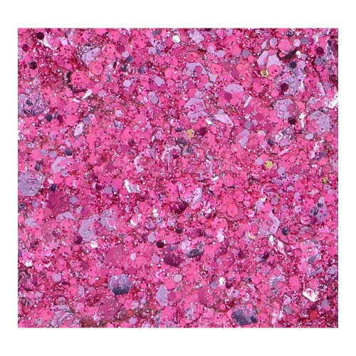 A close-up of Infinity Faces Chunky Glitter Cream Superstar - P!inked (10g) reveals sparkling pink glitter with variously sized, shiny particles for a vibrant, textured finish.