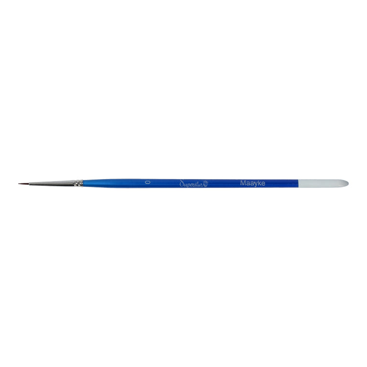 The Brushes Superstar - Synthetic Round Brush 0 (Maayke) by Infinity Faces is a slender, high-quality brush with a thin, pointed bristle tip and a glossy blue handle. Its balanced design features a flat end, perfect for detailed professional face and body painting projects.