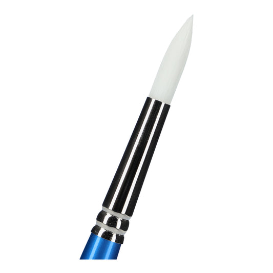 This close-up features the Brushes Superstar - Synthetic Round Brush 12 (Maayke) by Infinity Faces, highlighting its precision-focused design with pristine white bristles and a metallic blue handle—ideal for artists in search of superior quality within the professional face- and bodypainting range.