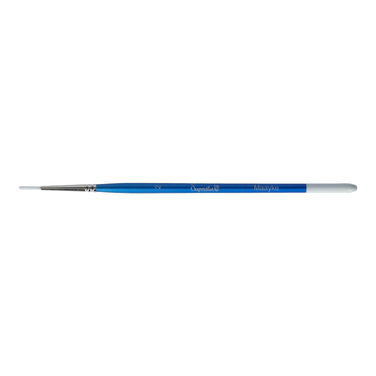 The Infinity Faces Brushes Superstar - Synthetic Round Brush 2 (Maayke) features a fine-tipped round design, blue handle, and silver ferrule. Its displayed horizontally on a white background, perfect for brush designers seeking high-quality tools.