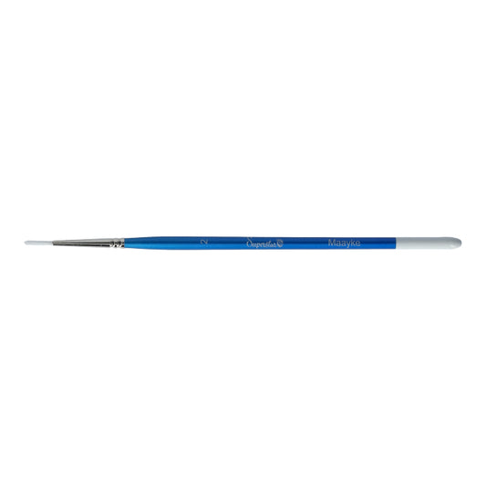 The Infinity Faces Brushes Superstar - Synthetic Round Brush 2 (Maayke) features a fine-tipped round design, blue handle, and silver ferrule. Its displayed horizontally on a white background, perfect for brush designers seeking high-quality tools.