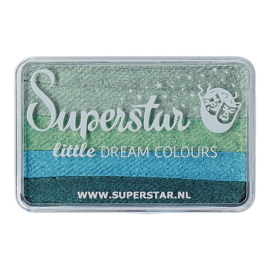 The Little Ocean face and body paint palette by Infinity Faces offers vibrant green and blue shades in a water-based formula. Its moon-and-stars packaging emphasizes its cruelty-free guarantee. Learn more at www.superstar.nl.