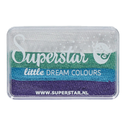 The rectangular case of Infinity Faces Face Paint & Body Paint Aqua Superstar in Little Mermaid features horizontal stripes of white, green, blue, and purple. The lid displays the logo beside a crescent moon with a sleeping figure, ensuring child-friendly use. The website URL is at the bottom.