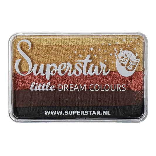 The Infinity Faces Rectangular case features Superstar little DREAM COLOURS, containing yellow, orange, red, and brown water-based face paint stripes. This cruelty-free Aqua Face and Body Paint (30gr), perfect for all occasions, is called Face Paint & Body Paint Aqua Superstar - Little Safari. Visit www.superstar.nl for more info.