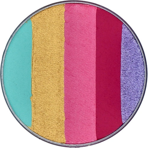 The Infinityfaces Split Cake Dream Colour Superstar - Candy (45gr) features five vertical stripes of teal, gold, pink, magenta, and purple in a water-based face paint palette—perfect for vibrant face and body art.