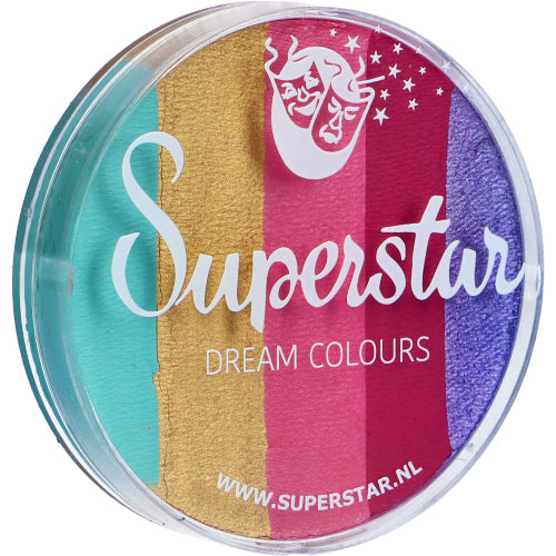 A round Infinityfaces Split Cake Dream Colour Superstar - Candy (45gr) features five vertical water-based face paint stripes—teal, gold, pink, purple, and red—with a lid showing a white theatrical mask and stars logo.