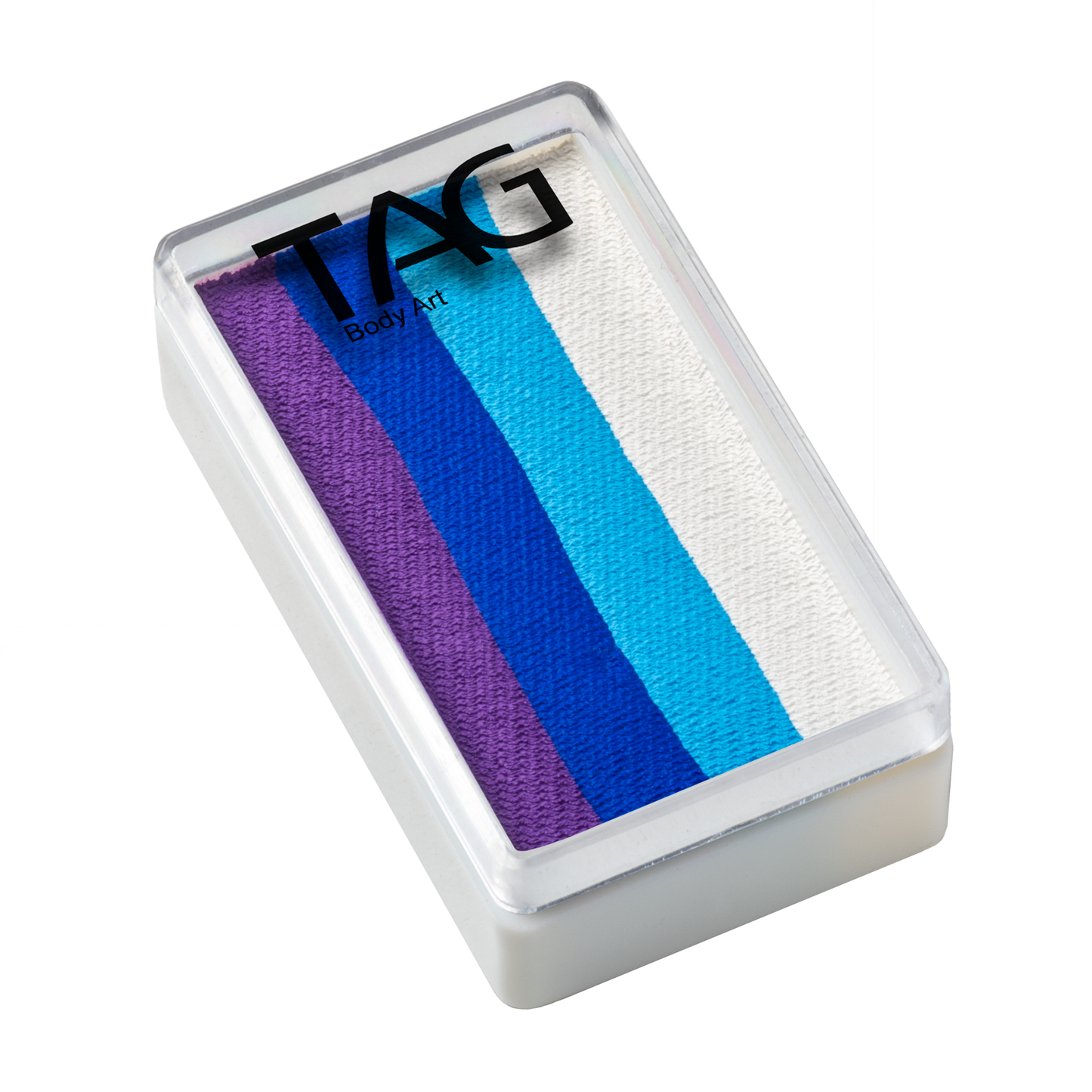 Infinityfaces Dolphin (One Stroke) face paint is a 30g rectangular container featuring purple, dark blue, light blue, and white stripes under a clear plastic lid.