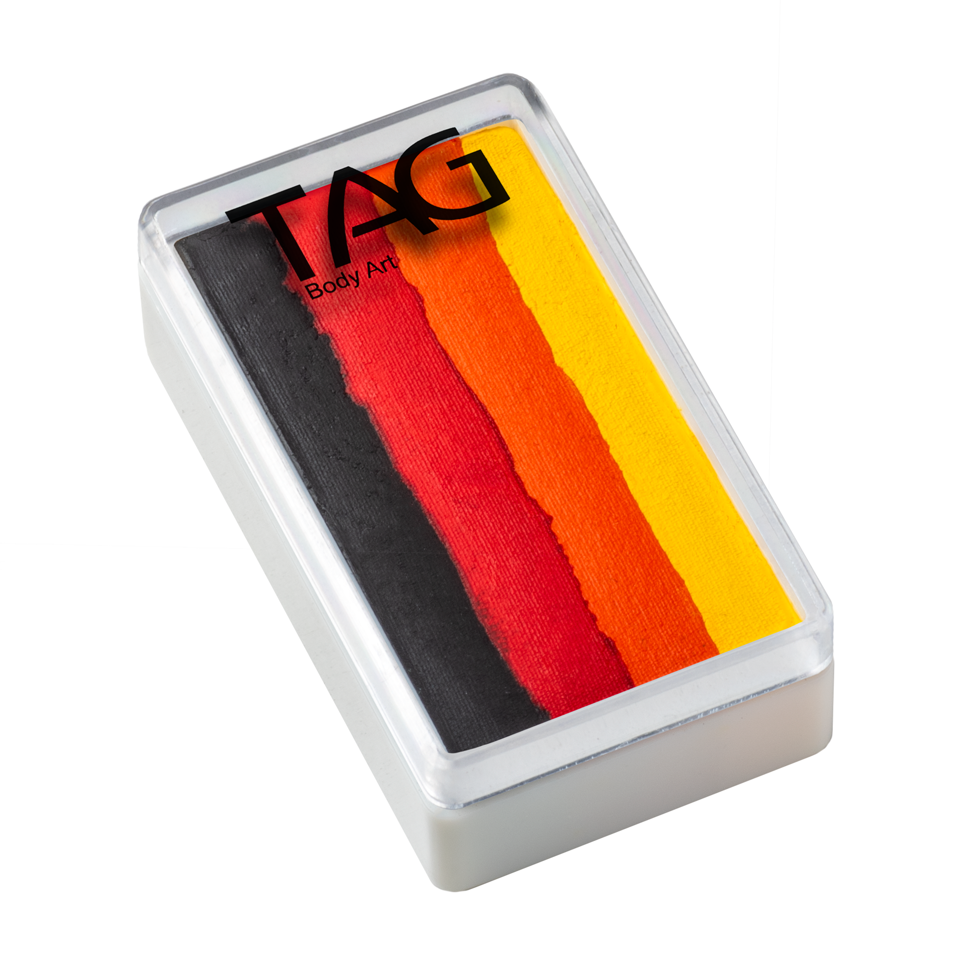 A rectangular face paint palette with four vertical stripes in black, red, orange, and yellow features a lid labeled Infinityfaces Face Paint & Body Paint Aqua Tag - Dragon (One Stroke) (30g).