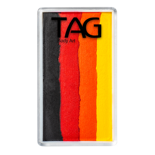 A rectangular container of Infinityfaces Face Paint & Body Paint Aqua Tag - Dragon (One Stroke) (30g) features black, red, orange, and yellow stripes. The lid displays TAG Body Art.