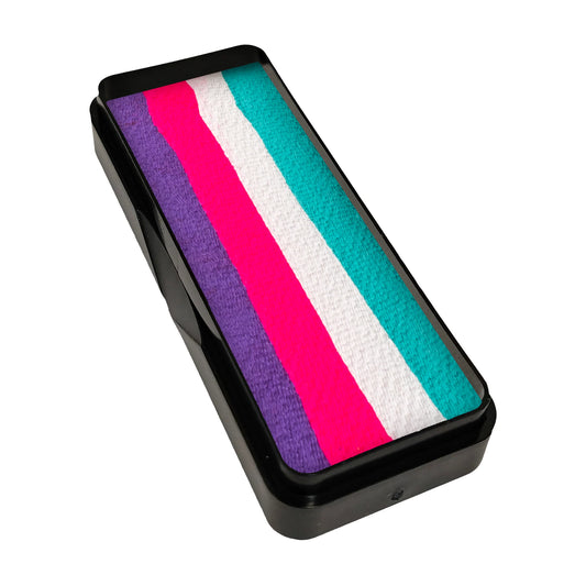 Rectangular Face Paint & Body Paint Aqua Tag - Unicorn Magenta - One Stroke Refill (10g) featuring side-by-side stripes of purple, magenta, white, and teal in a vibrant colour combination.