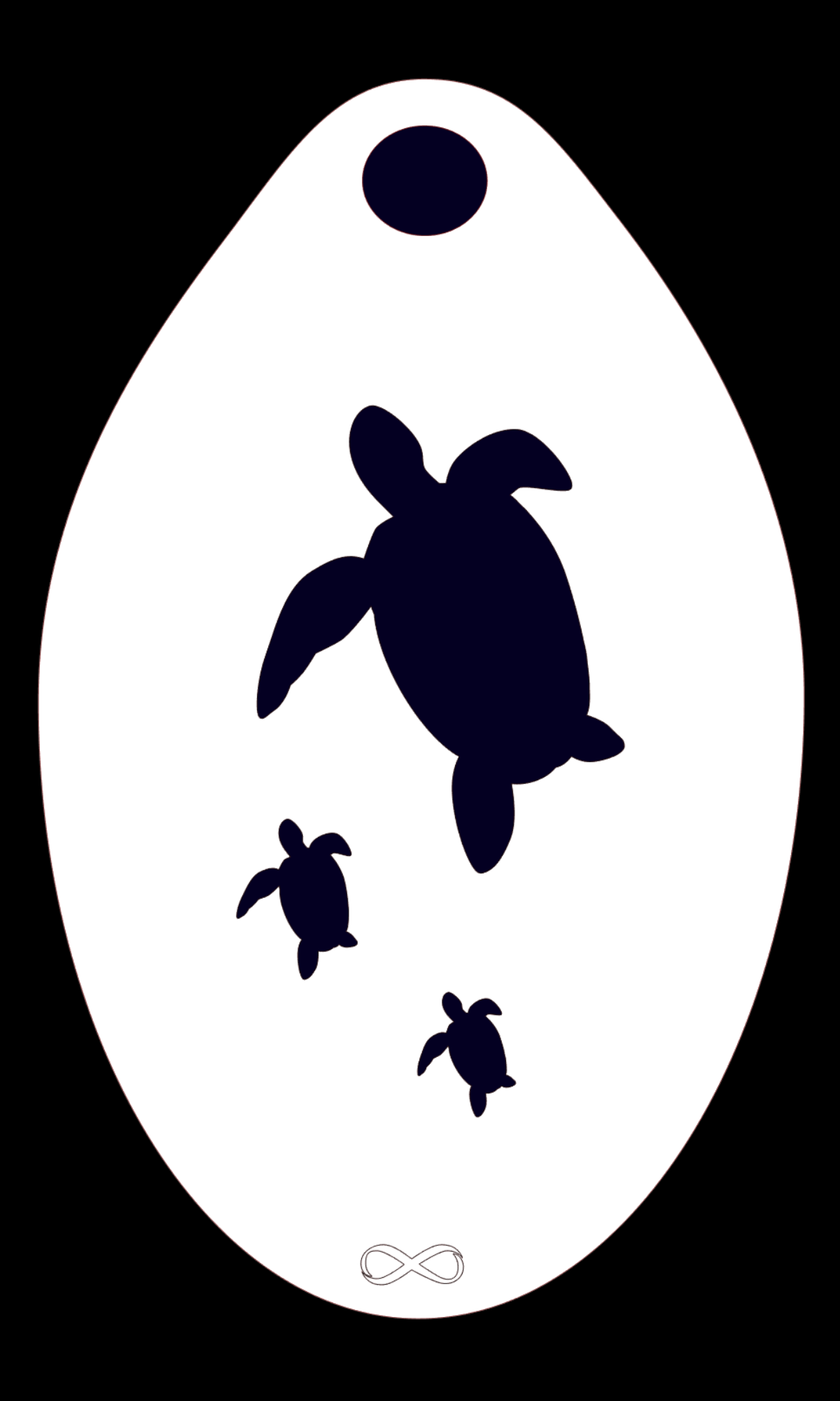 The Turtles Stencil Body Art by Infinity Faces features three turtles swimming upward against a white oval, topped with a black oval and accented by an infinity symbol at the bottom, ideal for creating this tranquil design.