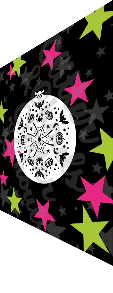 Glitter & Ghouls Face Painting Stencil, Glitter and Ghouls - Halloween Disc (707) featuring circular designs of spiders, pumpkins, bats, and a skull, set against a background of black, lime green, and pink stars.