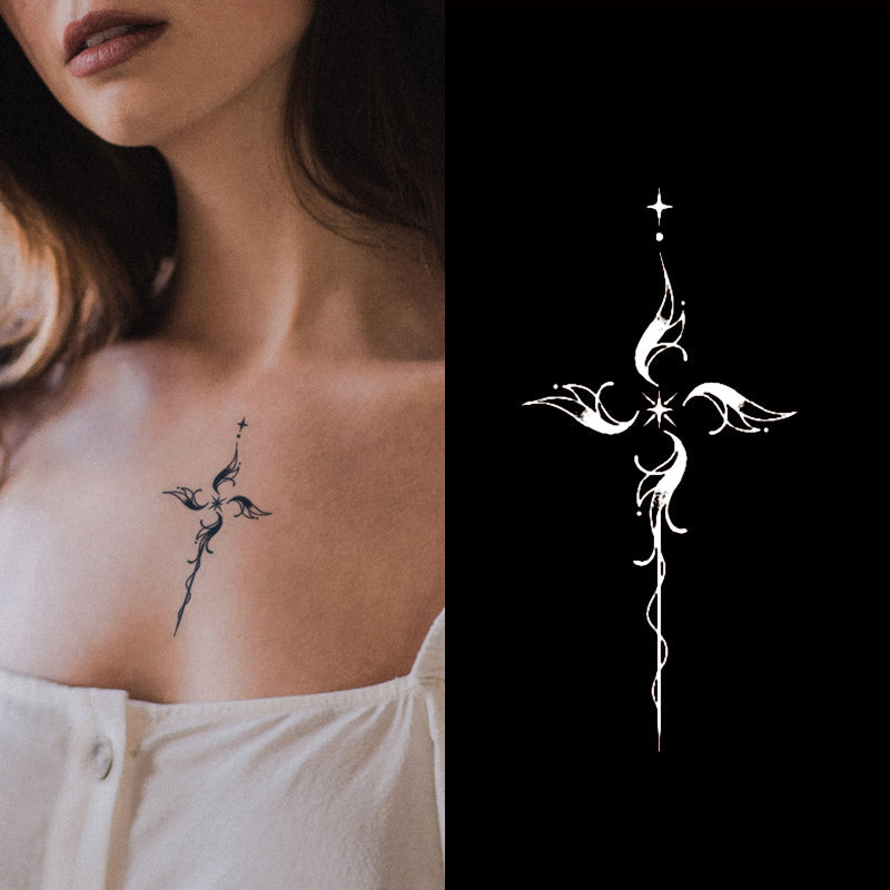 A woman in a white top showcases the Temporary Herbal Tattoo - An Elegant Cross by Infinityfaces, featuring a skin-safe, plant-based abstract cross with curved lines and decorative elements on her upper chest. The design is also displayed separately on a black background to the right.