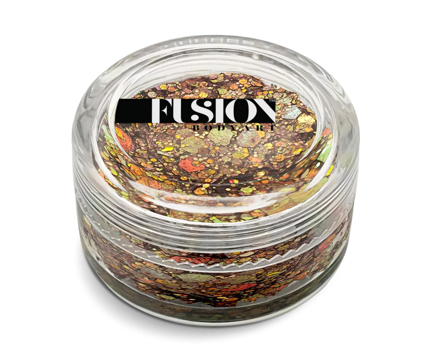 A small Infinity Faces Glitter Cream Fusion - Autumn Leaves (10g) jar contains chunky gold, orange, and brown glitter. The jar is shown from above on a white background.