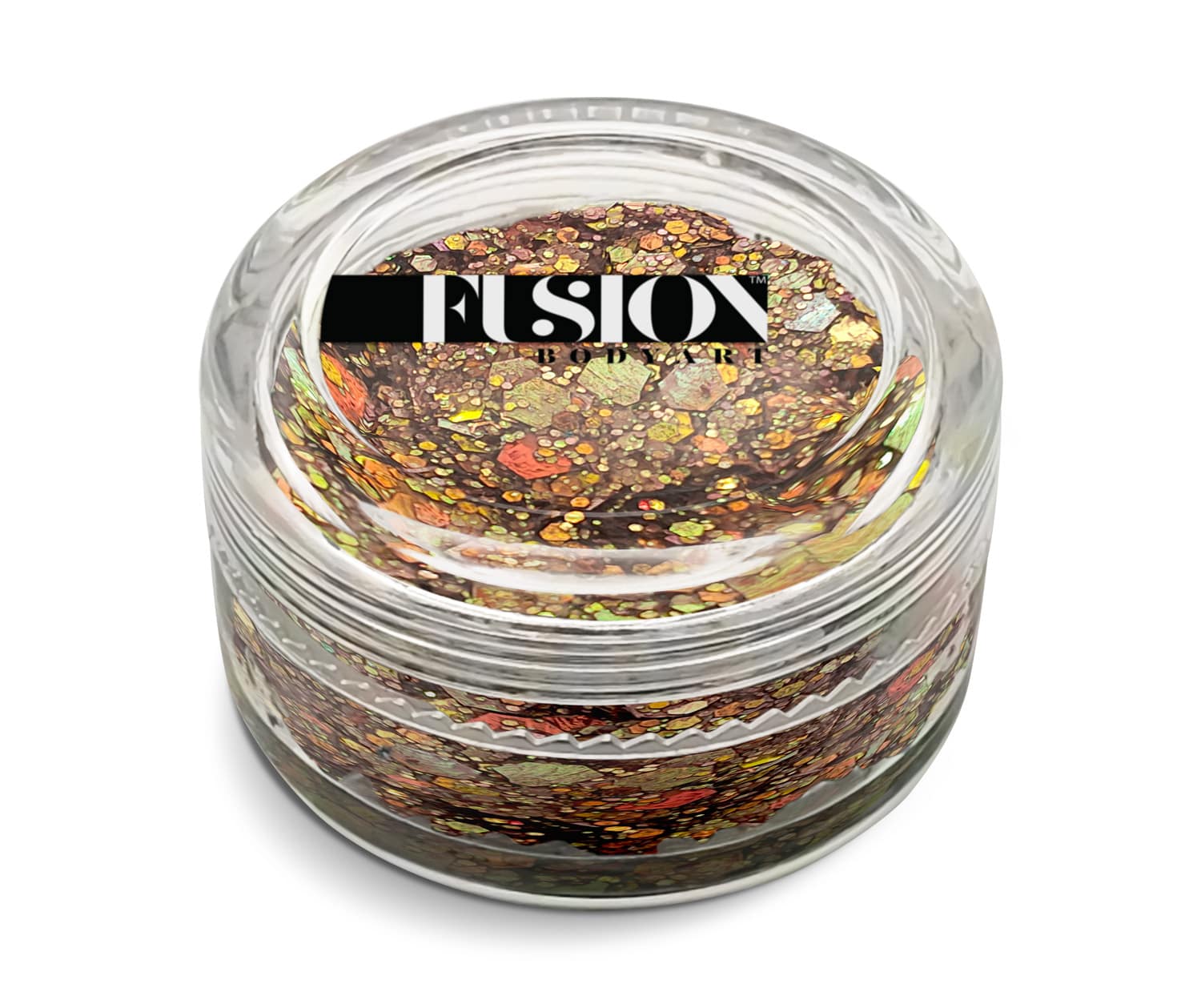 A small Infinity Faces Glitter Cream Fusion - Autumn Leaves (10g) jar contains chunky gold, orange, and brown glitter. The jar is shown from above on a white background.