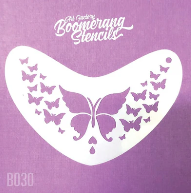 A white Butterfly Boomerang Stencil Body Art by Infinity Faces features a large butterfly with smaller ones on a purple background. The product name is at the top, with B030 in the corner.