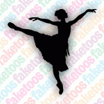 Infinity Faces' Glitter Tattoo Faketoos - Ballerina (small) features a black silhouette of a ballerina dancing on one leg with the other leg extended, set against a vibrant patterned background. This elegant design is ideal for use as a tattoo stencil and measures approximately 2x2 inches.