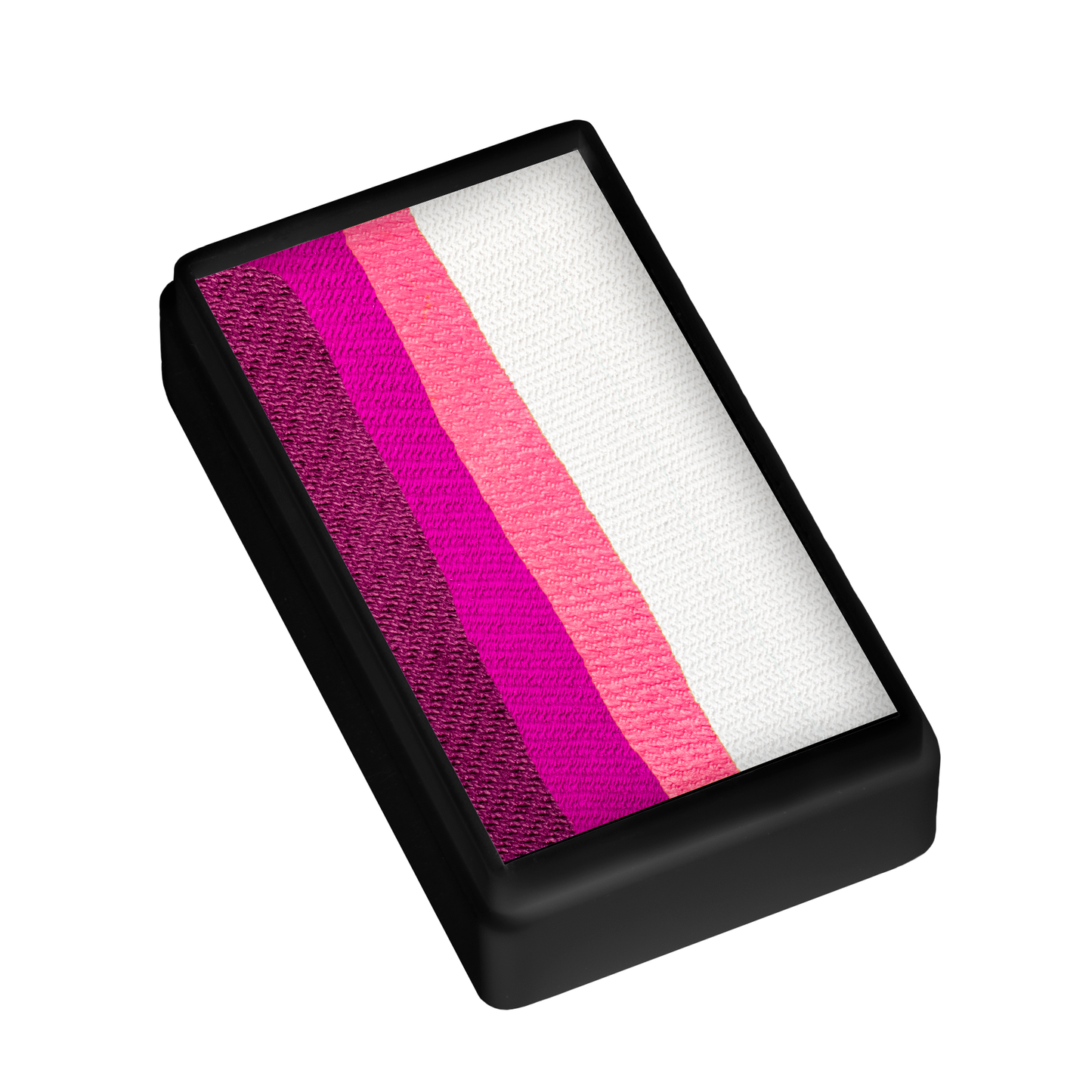 The Infinityfaces Face Paint & Body Paint Aqua - Berry Bloom One Stroke (30g) features horizontal stripes of dark purple, magenta, pink, red, and white in a rectangular pan inside a black case, viewed from an angle.