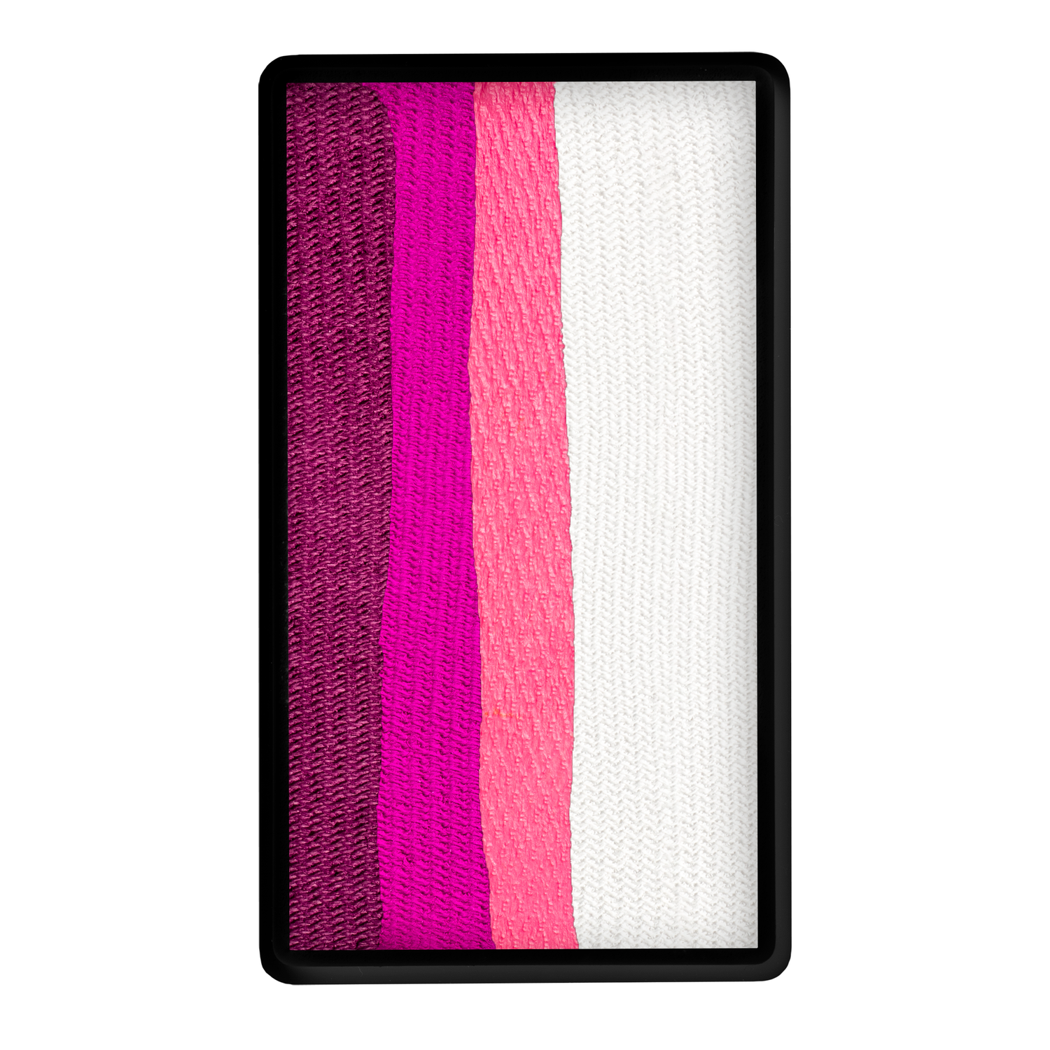 A smartphone screen displays a striped pattern of knitted fabric in five vertical shades—dark purple, purple, pink, light pink, and white—mirroring the colors of Infinityfaces Face Paint & Body Paint Aqua - Berry Bloom One Stroke (30g) by Tag.
