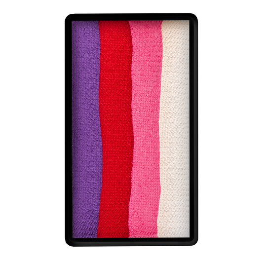 The Infinityfaces Face Paint & Body Paint Aqua - Berry One Stroke (30g) features four vibrant vertical stripes—purple, red, pink, and off-white—arranged side by side in a rectangular tray.