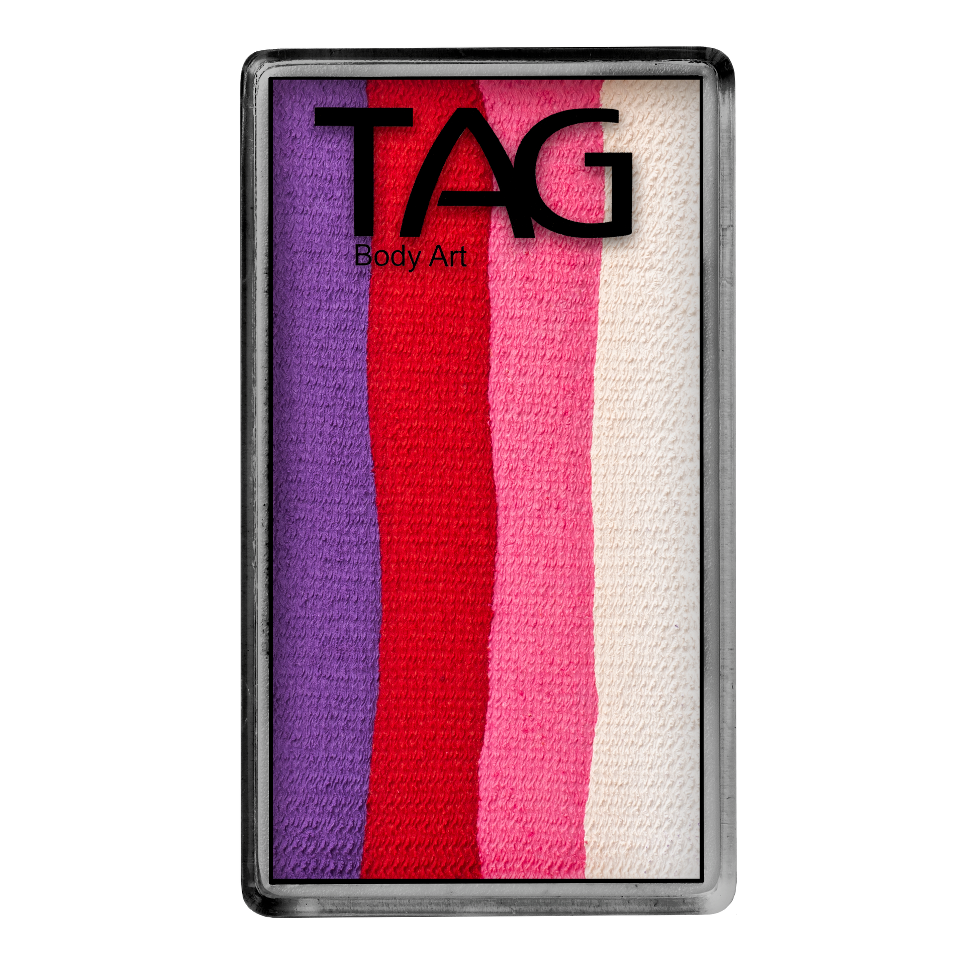 The Infinityfaces Face Paint & Body Paint Aqua - Berry One Stroke (30g) features four vertical stripes in purple, red, pink, and white in a rectangular metal case, with the TAG branding at the top.