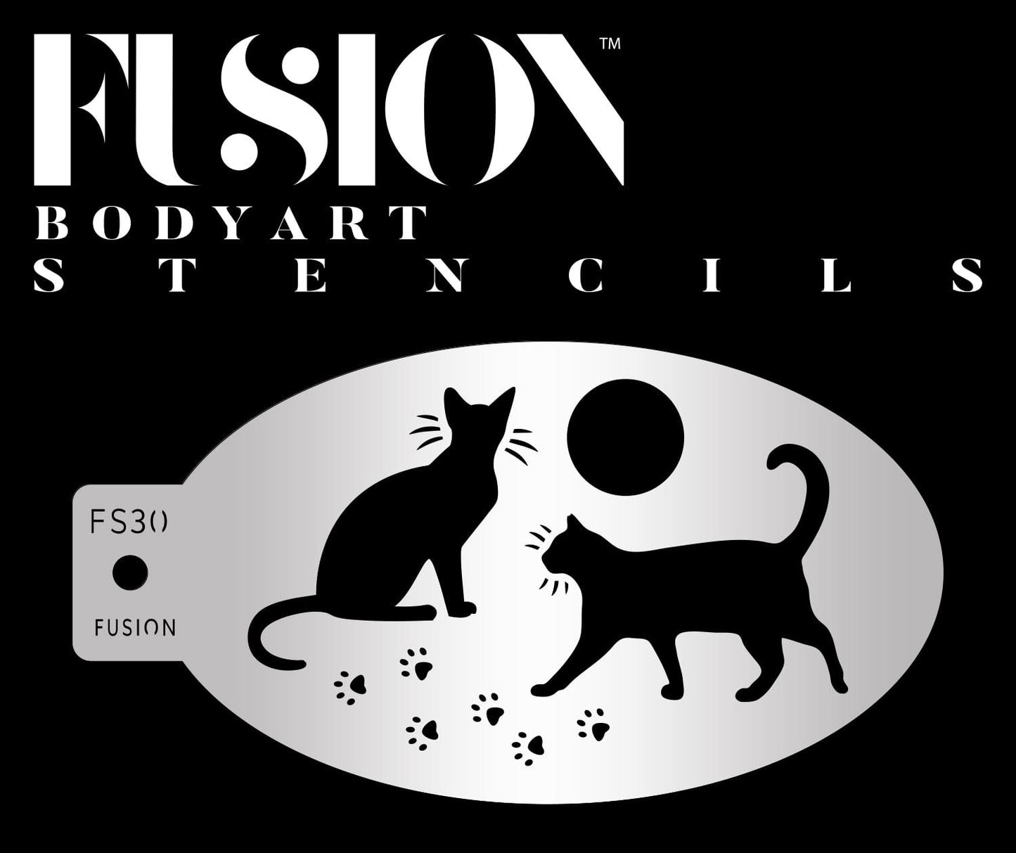 The Infinity Faces Black Cat & Paw Fusion Stencil Body Art features an oval design with two cat silhouettes, a moon or sun shape, and a paw print trail on a black background.
