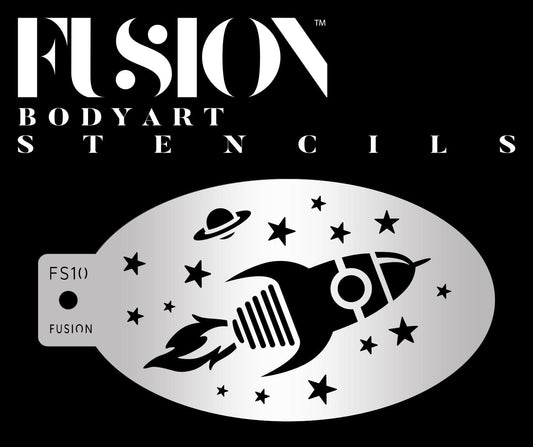 An oval stencil labeled Blast Off Spaceship Fusion Stencil Body Art by Infinity Faces features a rocket ship, stars, and a planet on a black background.